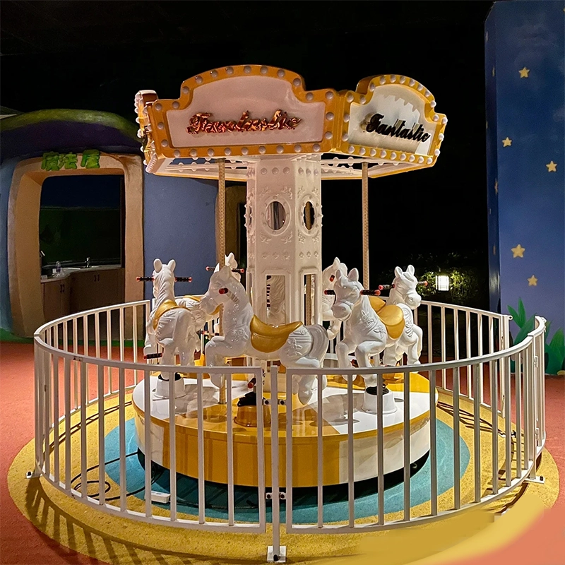 6 Seats Mini Carousel Ride for Kids with LED Lights and White Carousel Horses