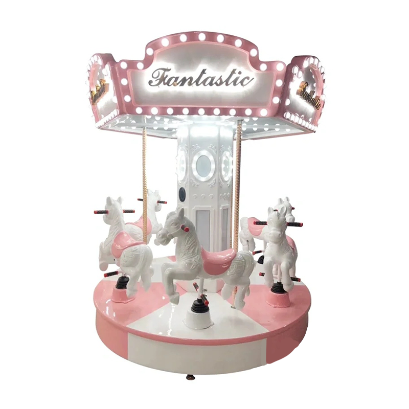 6 Seats Mini Carousel Ride for Kids with LED Lights and White Carousel Horses