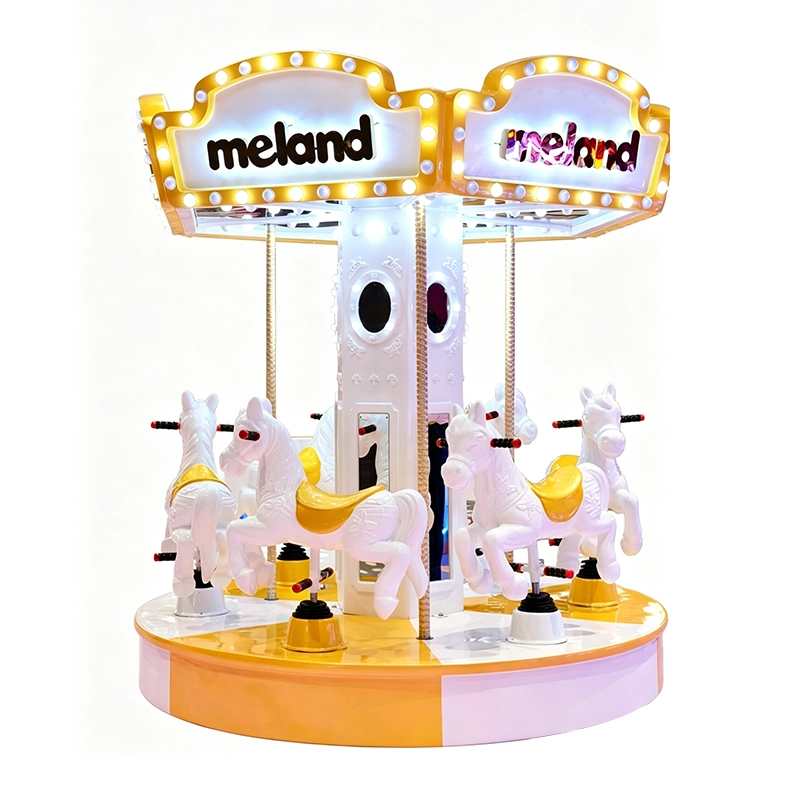 6 Seats Mini Carousel Ride for Kids with LED Lights and White Carousel Horses