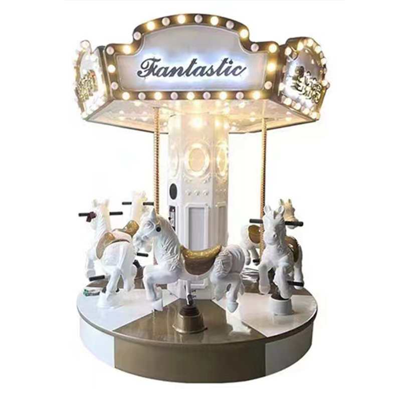 6 Seats Mini Carousel Ride for Kids with LED Lights and White Carousel Horses