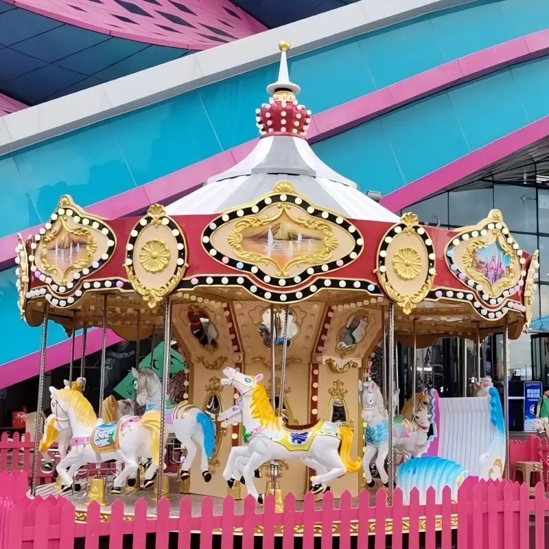 Commercial merry go round ride with colorful horses