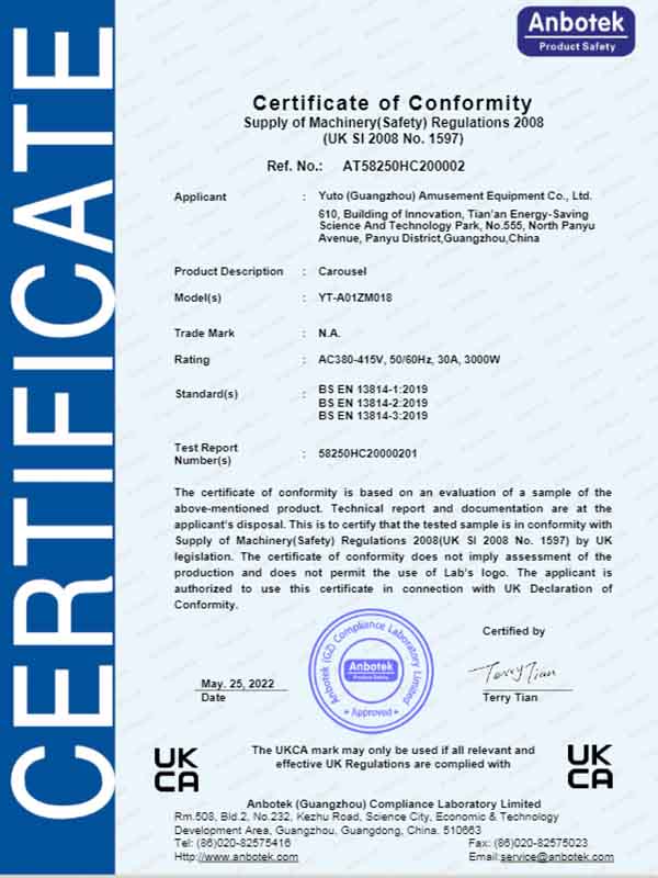 Yuto amusement carousel ukca certificate